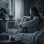 depresja lękowa: Kobieta siedzi zwinięta na kanapie w słabo oświetlonym pokoju, wpatrując się przez okno.