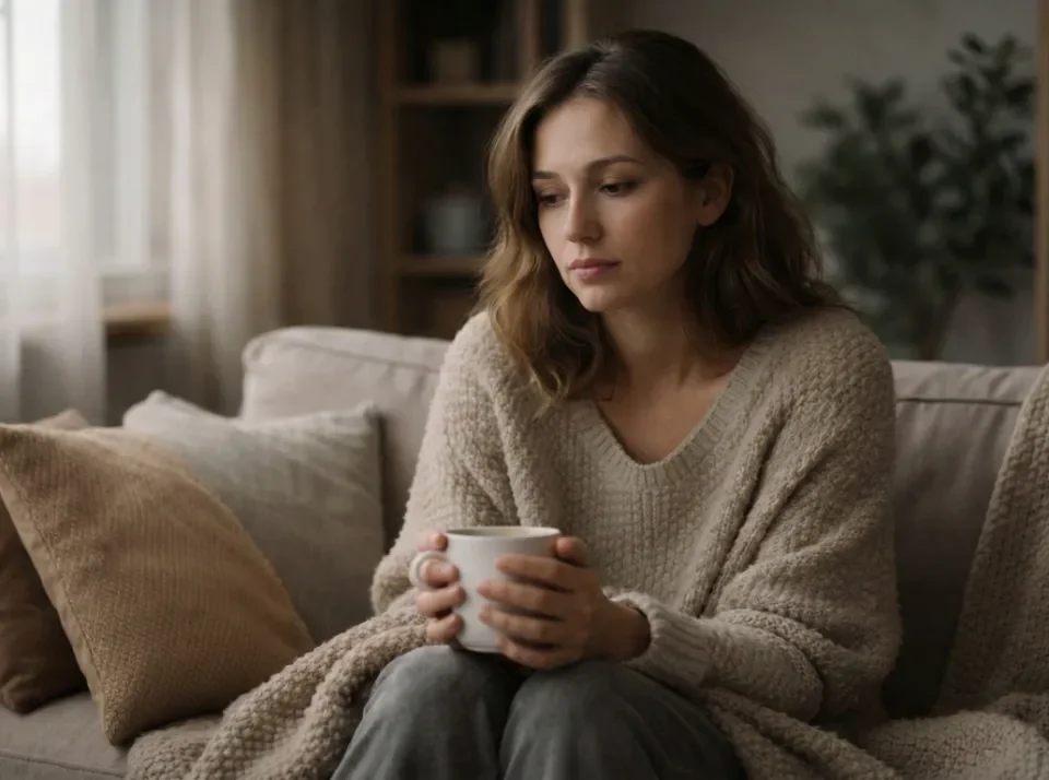 czego nie mówić osobie z depresją: Młoda kobieta zamyślona, siedzi na beżowej sofie z kubkiem kawy, otulona kocem.