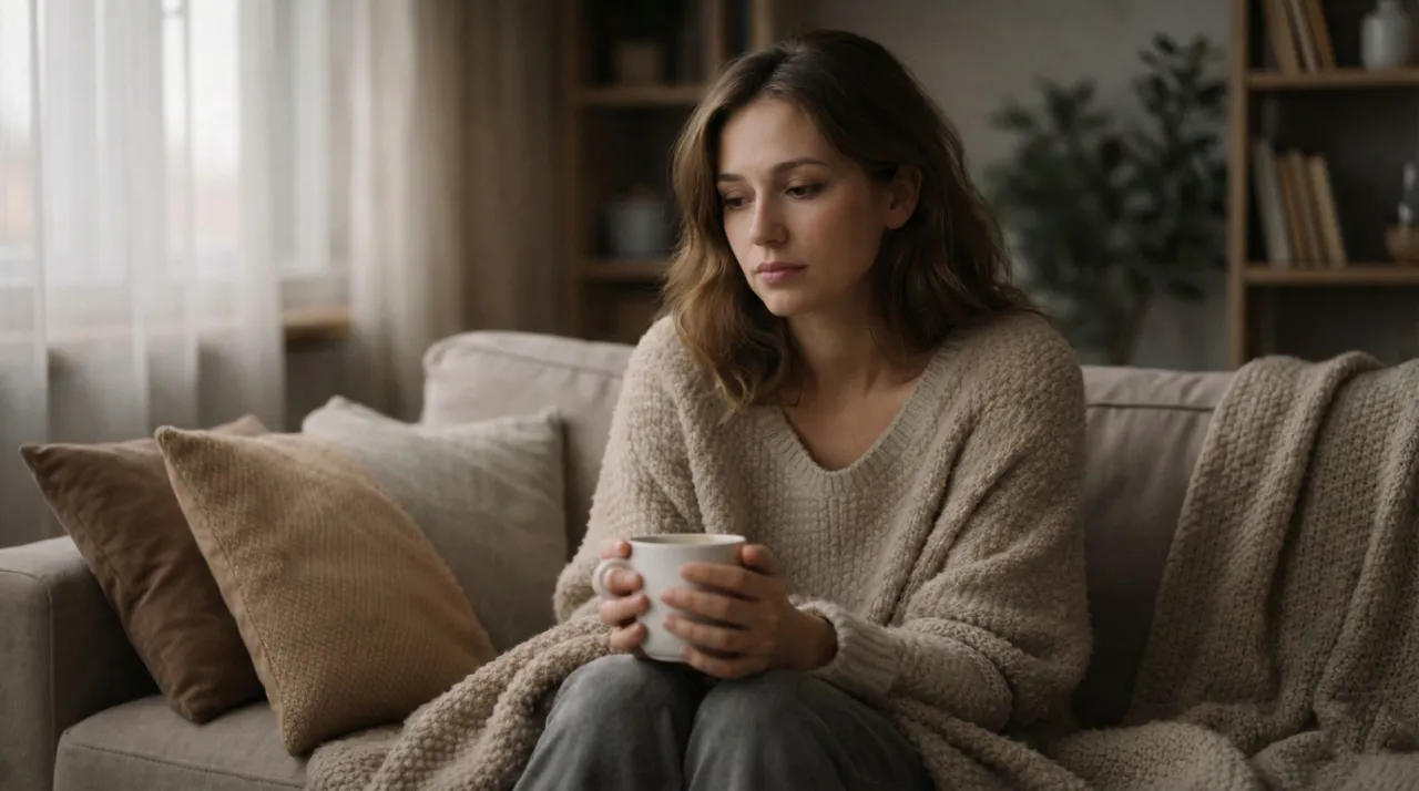 czego nie mówić osobie z depresją: Młoda kobieta zamyślona, siedzi na beżowej sofie z kubkiem kawy, otulona kocem.