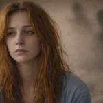 depresja psychotyczna: Smutna kobieta z rudymi włosami, patrząca w lewo, z rozmazanymi cieniami w tle.