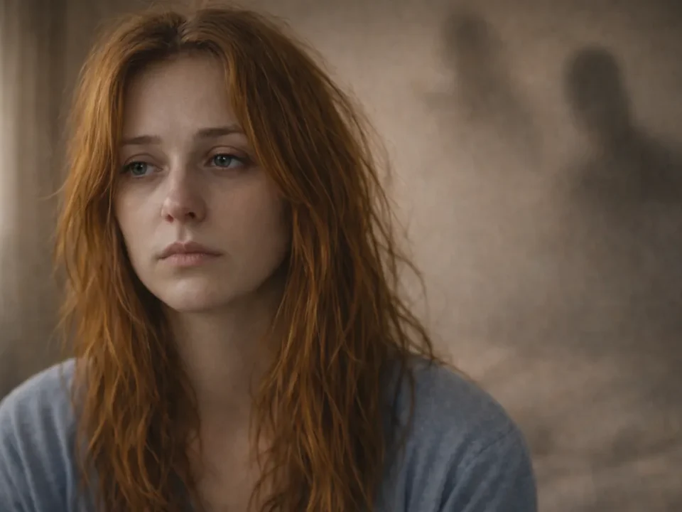 depresja psychotyczna: Smutna kobieta z rudymi włosami, patrząca w lewo, z rozmazanymi cieniami w tle.