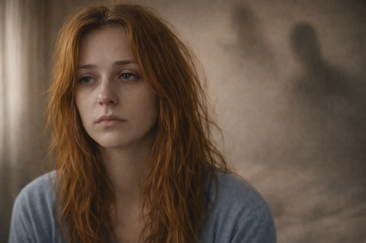 depresja psychotyczna: Smutna kobieta z rudymi włosami, patrząca w lewo, z rozmazanymi cieniami w tle.