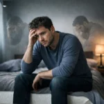 depresja u mężczyzn: Smutny mężczyzna siedzi na łóżku, trzymając się za głowę, z rozmytymi postaciami w tle.