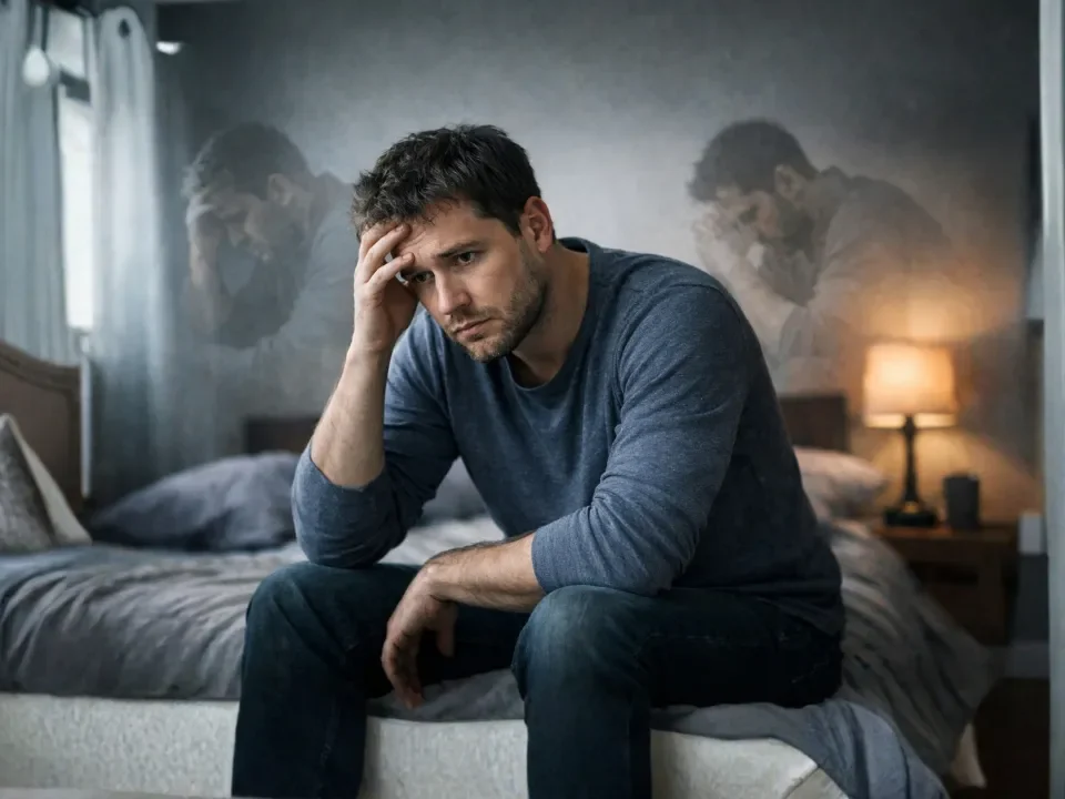 depresja u mężczyzn: Smutny mężczyzna siedzi na łóżku, trzymając się za głowę, z rozmytymi postaciami w tle.