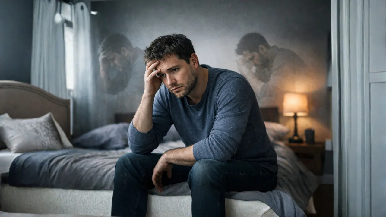 depresja u mężczyzn: Smutny mężczyzna siedzi na łóżku, trzymając się za głowę, z rozmytymi postaciami w tle.
