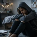 depresja u nastolatków: Smutna dziewczyna w bluzie z kapturem siedzi na podłodze, tuląc kolana. W tle sypialnia z łóżkiem.