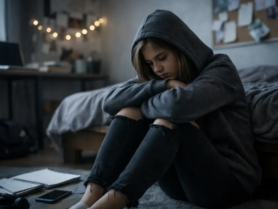 depresja u nastolatków: Smutna dziewczyna w bluzie z kapturem siedzi na podłodze, tuląc kolana. W tle sypialnia z łóżkiem.