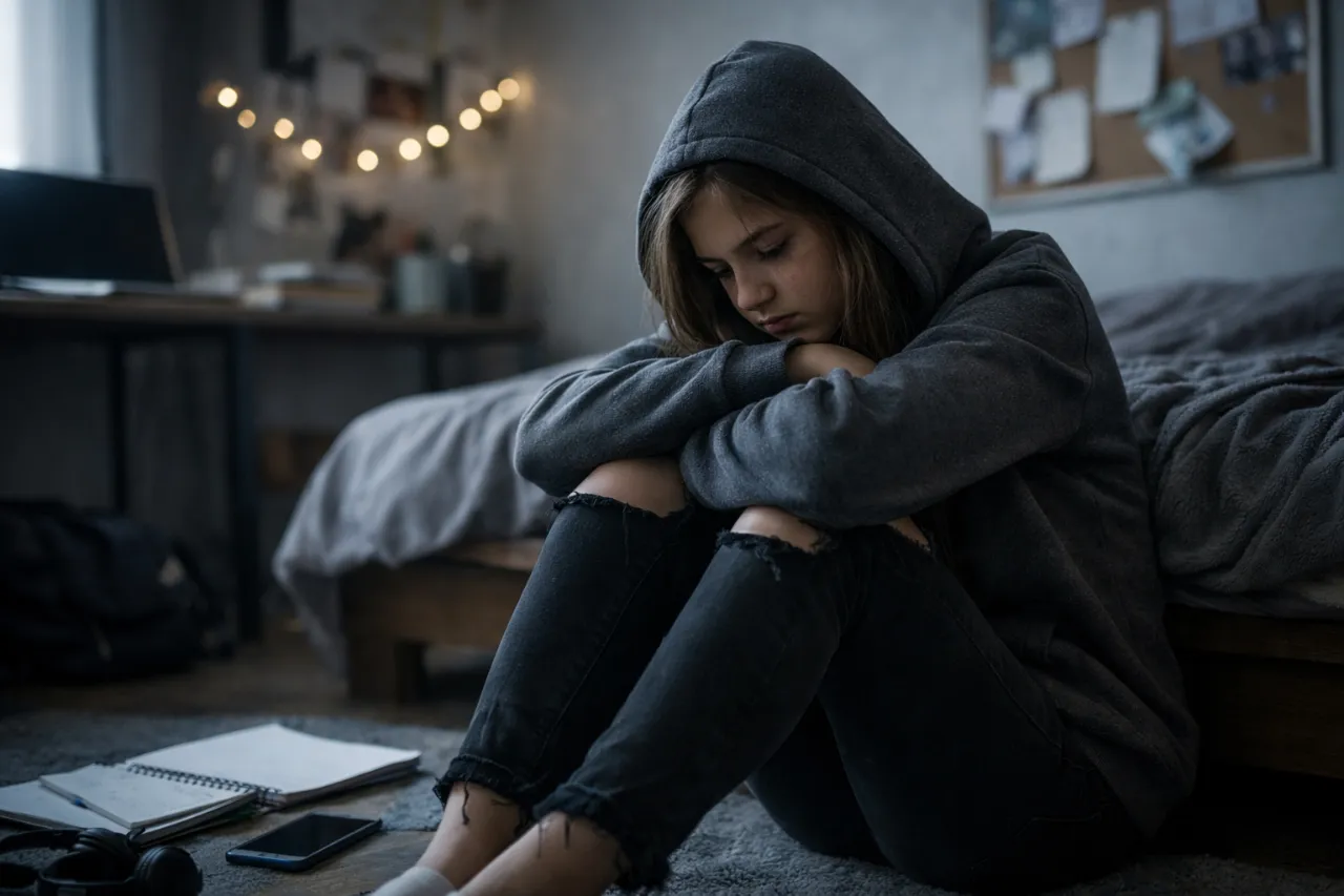 depresja u nastolatków: Smutna dziewczyna w bluzie z kapturem siedzi na podłodze, tuląc kolana. W tle sypialnia z łóżkiem.