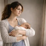 depresja poporodowa: kobieta trzymająca śpiące dziecko, z zamyślonym, smutnym wyrazem twarzy, patrząca w dal.