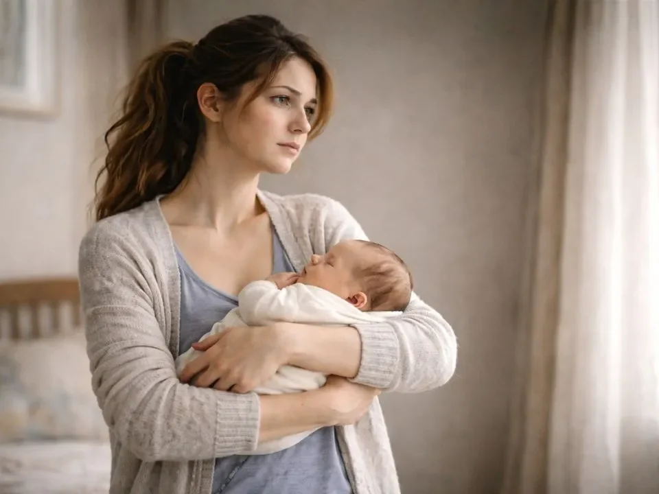 depresja poporodowa: kobieta trzymająca śpiące dziecko, z zamyślonym, smutnym wyrazem twarzy, patrząca w dal.