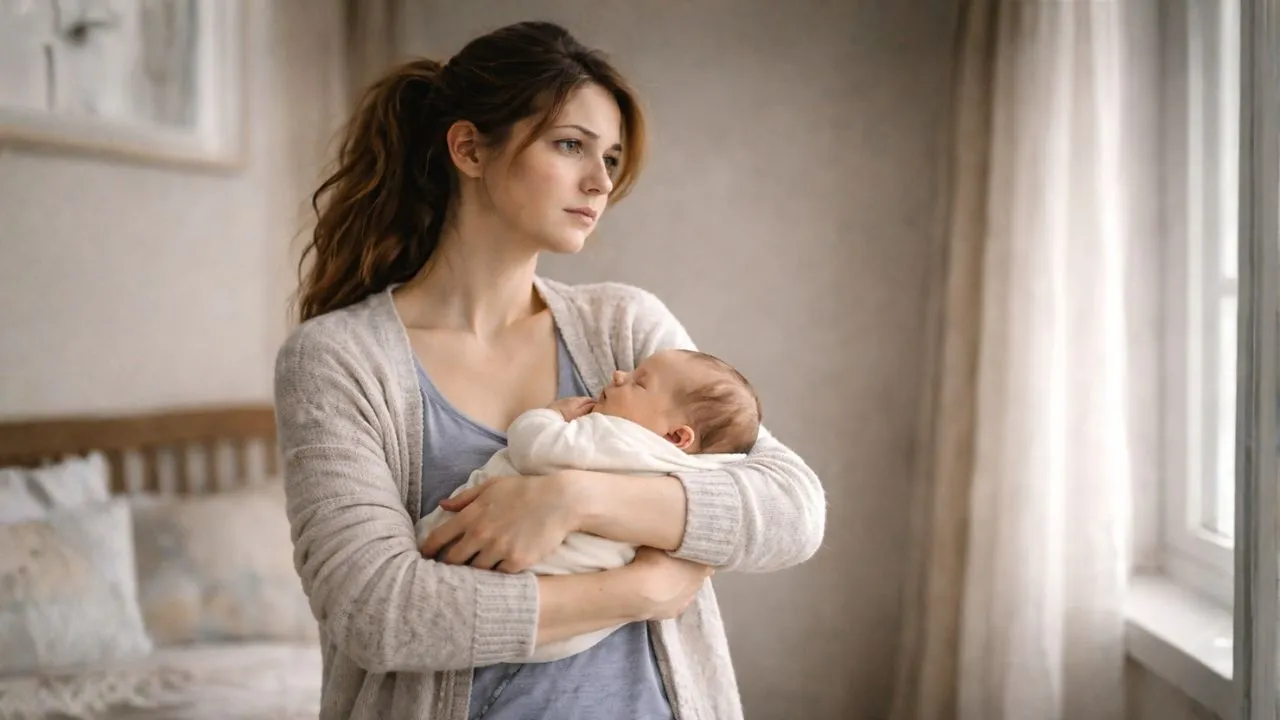 depresja poporodowa: kobieta trzymająca śpiące dziecko, z zamyślonym, smutnym wyrazem twarzy, patrząca w dal.
