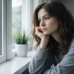 depresja przewlekła, dystymia: Smutna kobieta w szarym swetrze opiera brodę na dłoni, patrząc przez okno.