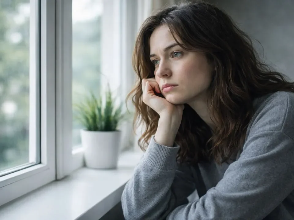 depresja przewlekła, dystymia: Smutna kobieta w szarym swetrze opiera brodę na dłoni, patrząc przez okno.