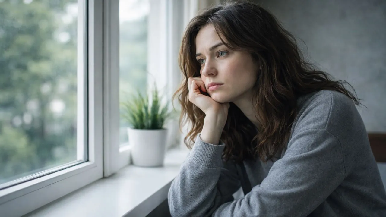 depresja przewlekła, dystymia: Smutna kobieta w szarym swetrze opiera brodę na dłoni, patrząc przez okno.