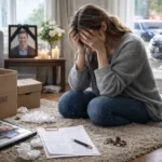 Depresja reaktywna: Pogrążona w żałobie kobieta płacze obok zdjęcia zmarłego mężczyzny i rozbitego samochodu.