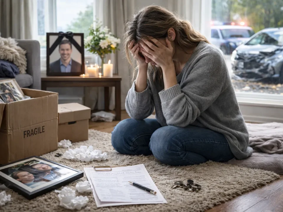 Depresja reaktywna: Pogrążona w żałobie kobieta płacze obok zdjęcia zmarłego mężczyzny i rozbitego samochodu.