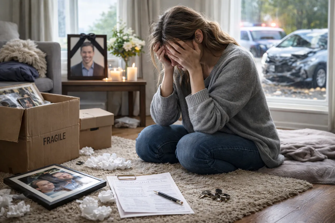 Depresja reaktywna: Pogrążona w żałobie kobieta płacze obok zdjęcia zmarłego mężczyzny i rozbitego samochodu.