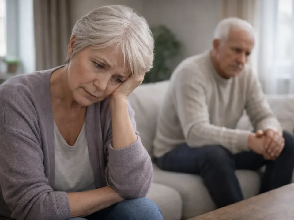 Depresja u seniorów: Starsza kobieta ze smutną miną, z ręką podpartą o czoło, mężczyzna w tle.