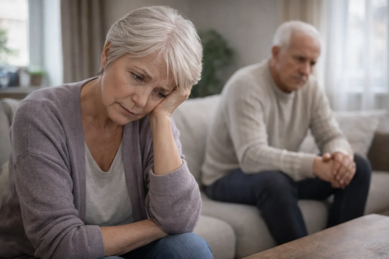 Depresja u seniorów: Starsza kobieta ze smutną miną, z ręką podpartą o czoło, mężczyzna w tle.