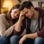 depresja w związku – zmartwiona kobieta pociesza strapionego mężczyznę, siedzących na kanapie w domu.