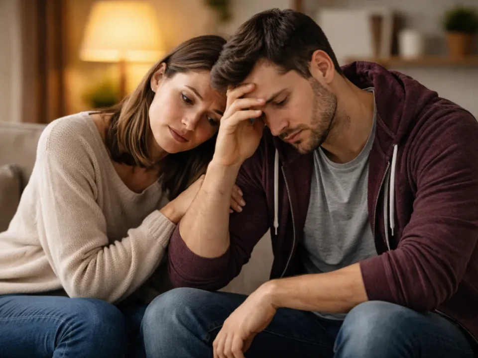 depresja w związku – zmartwiona kobieta pociesza strapionego mężczyznę, siedzących na kanapie w domu.