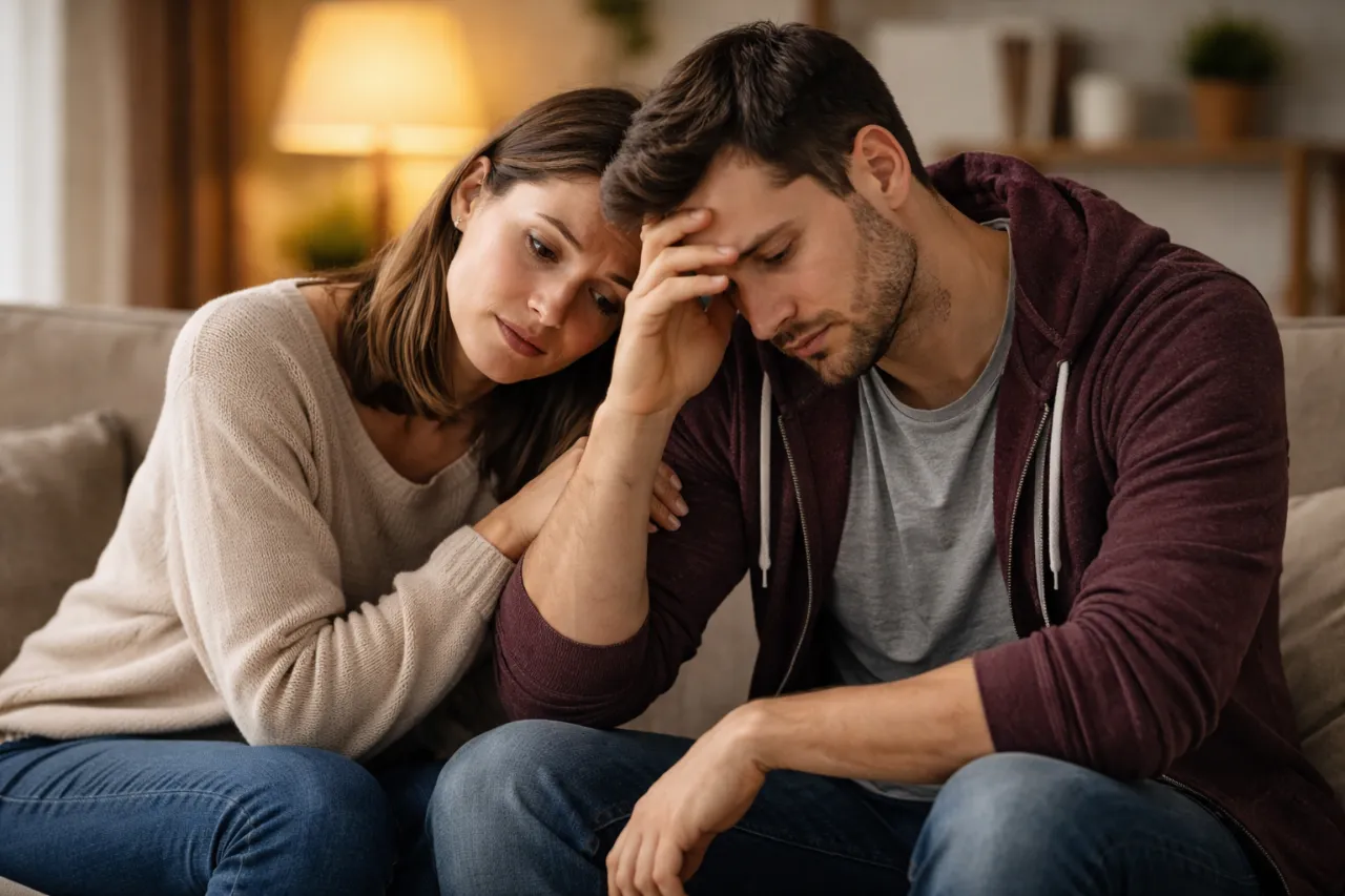 depresja w związku – zmartwiona kobieta pociesza strapionego mężczyznę, siedzących na kanapie w domu.