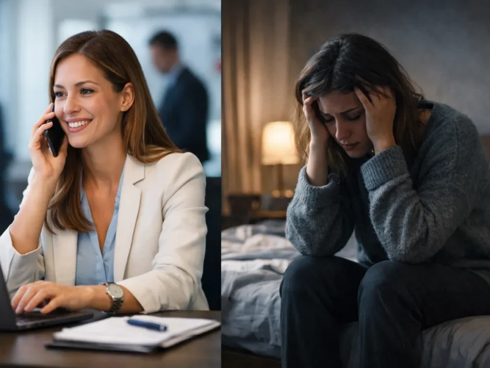 depresja wysokofunkcjonująca: Kobieta uśmiechnięta w biurze obok kobiety płaczącej, siedzącej na łóżku.