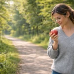Dieta w depresji: kobieta w szarym swetrze trzyma jabłko, idąc leśną ścieżką.