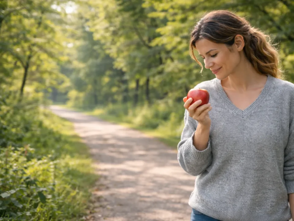 Dieta w depresji: kobieta w szarym swetrze trzyma jabłko, idąc leśną ścieżką.