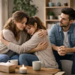 jak wyjść z depresji: Kobieta przytula inną, smutną kobietę na kanapie, obok siedzi mężczyzna, patrząc w bok.