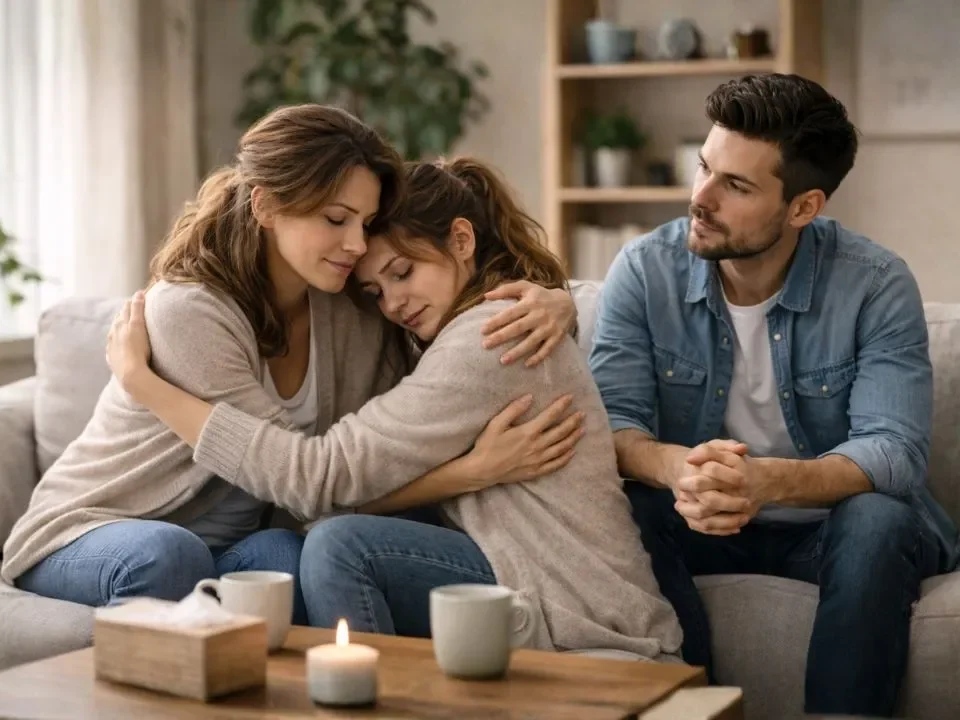 jak wyjść z depresji: Kobieta przytula inną, smutną kobietę na kanapie, obok siedzi mężczyzna, patrząc w bok.