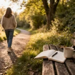 powrót depresji: Kobieta idzie ścieżką o zachodzie słońca, obok ławki z otwartym notatnikiem i kubkiem herbaty.