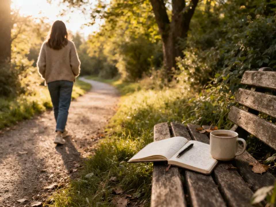 powrót depresji: Kobieta idzie ścieżką o zachodzie słońca, obok ławki z otwartym notatnikiem i kubkiem herbaty.