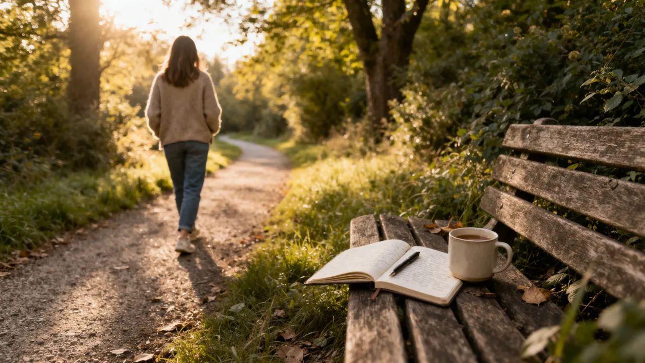 powrót depresji: Kobieta idzie ścieżką o zachodzie słońca, obok ławki z otwartym notatnikiem i kubkiem herbaty.