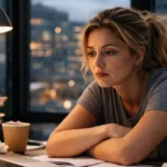 Wypalenie zawodowe: Kobieta siedzi przy biurku z laptopem i papierami, patrząc z zamyśleniem na panoramę miasta.