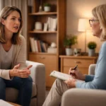 Psychoterapeutka z pacjentką, podczas psychoterapii poznawczo-behawioralnej (CBT)