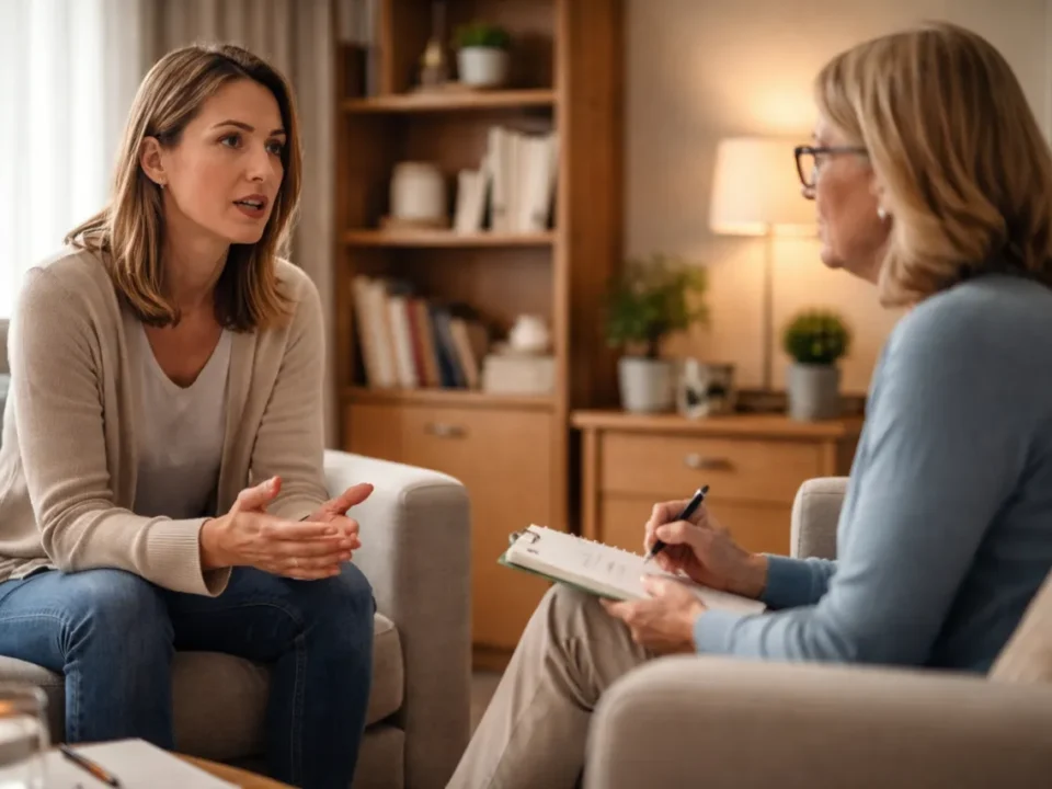 Psychoterapeutka z pacjentką, podczas psychoterapii poznawczo-behawioralnej (CBT)