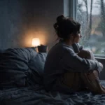 depresja atypowa - kobieta siedzi na łóżku zamyślona w szarej atmosferze