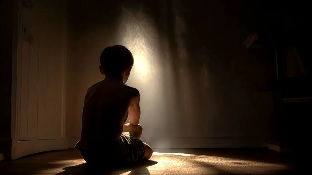 Depresja u dzieci - dziecko siedzi na podlodze w ciemnym pokoju patrzy sie na promień swiatła - symbol nadzieii