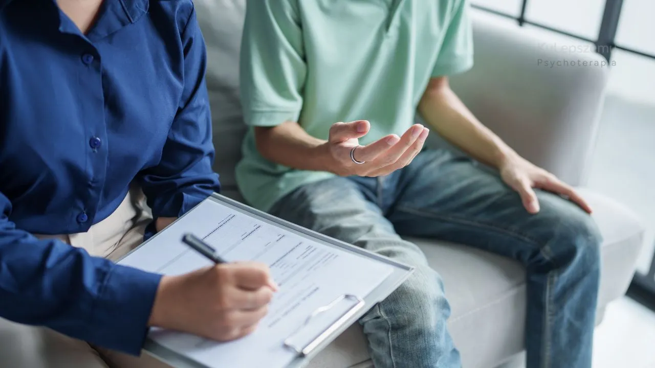 skala depresji Hamiltona: Kobieta wypełnia formularz, a mężczyzna gestykuluje dłońmi podczas sesji psychoterapii.