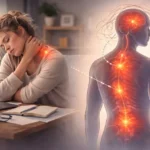 ilustracja wizualizuje bóle psychosomatyczne, kobieta łapie się za plecy z bólu