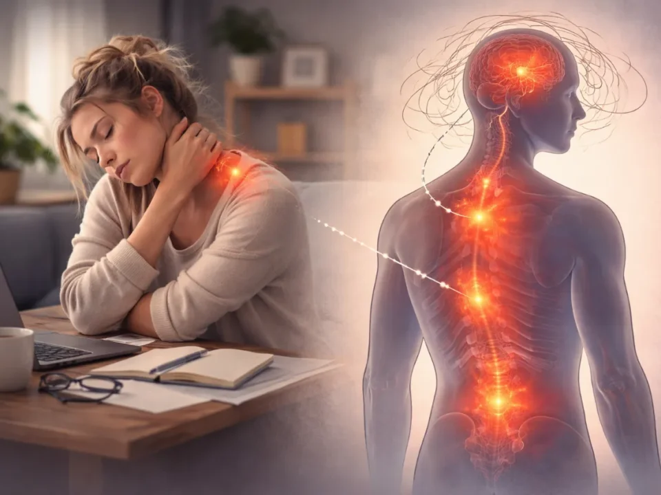 ilustracja wizualizuje bóle psychosomatyczne, kobieta łapie się za plecy z bólu