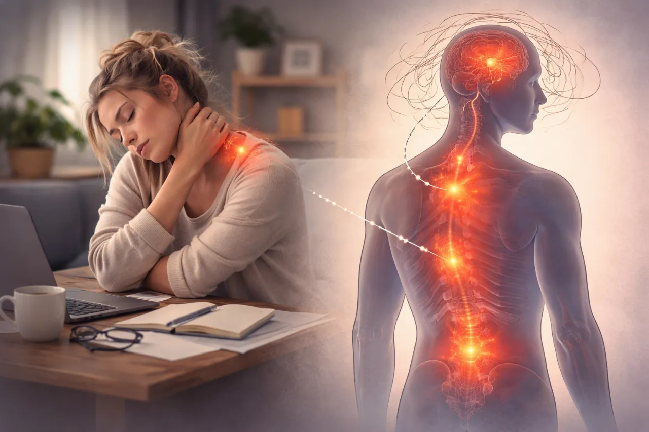 ilustracja wizualizuje bóle psychosomatyczne, kobieta łapie się za plecy z bólu