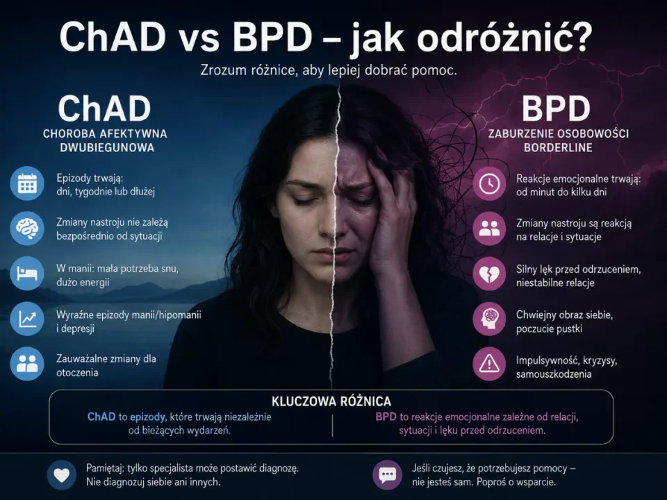 Infografika: różnice między chorobą afektywna dwubiegunowa, a Borderline