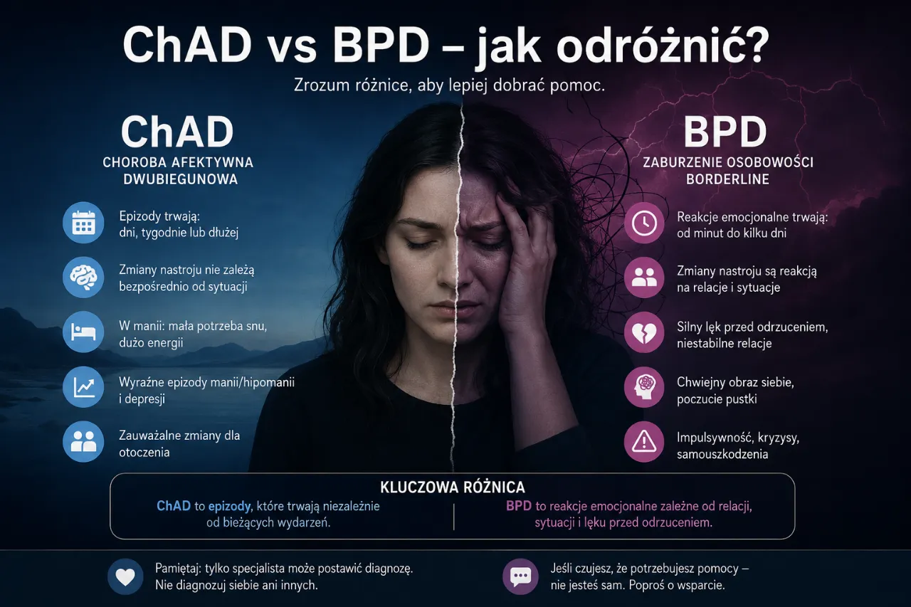 Infografika: różnice między chorobą afektywna dwubiegunowa, a Borderline