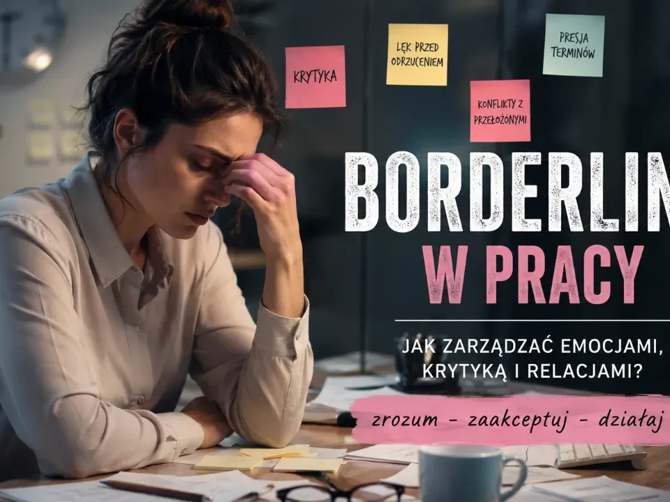 Borderline w pracy — kobieta siedzi załamana nad biurkiem