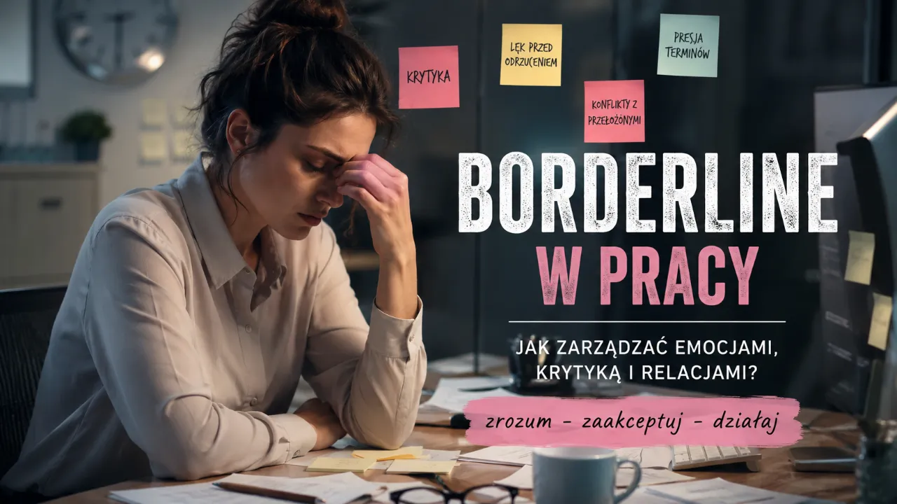 Borderline w pracy — kobieta siedzi załamana nad biurkiem